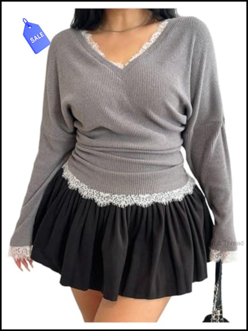 Plus Size Lace Fitted Long Sleeve V-Neck T-Shirt